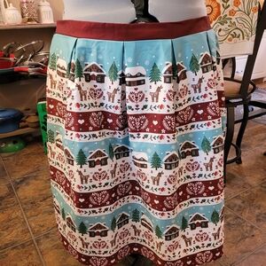 Unique Vintage Winter Village A-Line Skirt in Teal and Burgundy